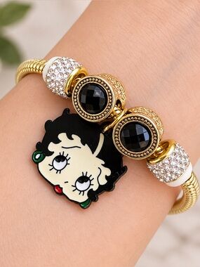 Gold-Plated Betty Boop Enamel Charm Bracelet - White & Black